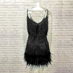 Pink Feather Sequin Mini Elegant Dress Spaghetti Straps Glam Cocktail Night Out Party Dress