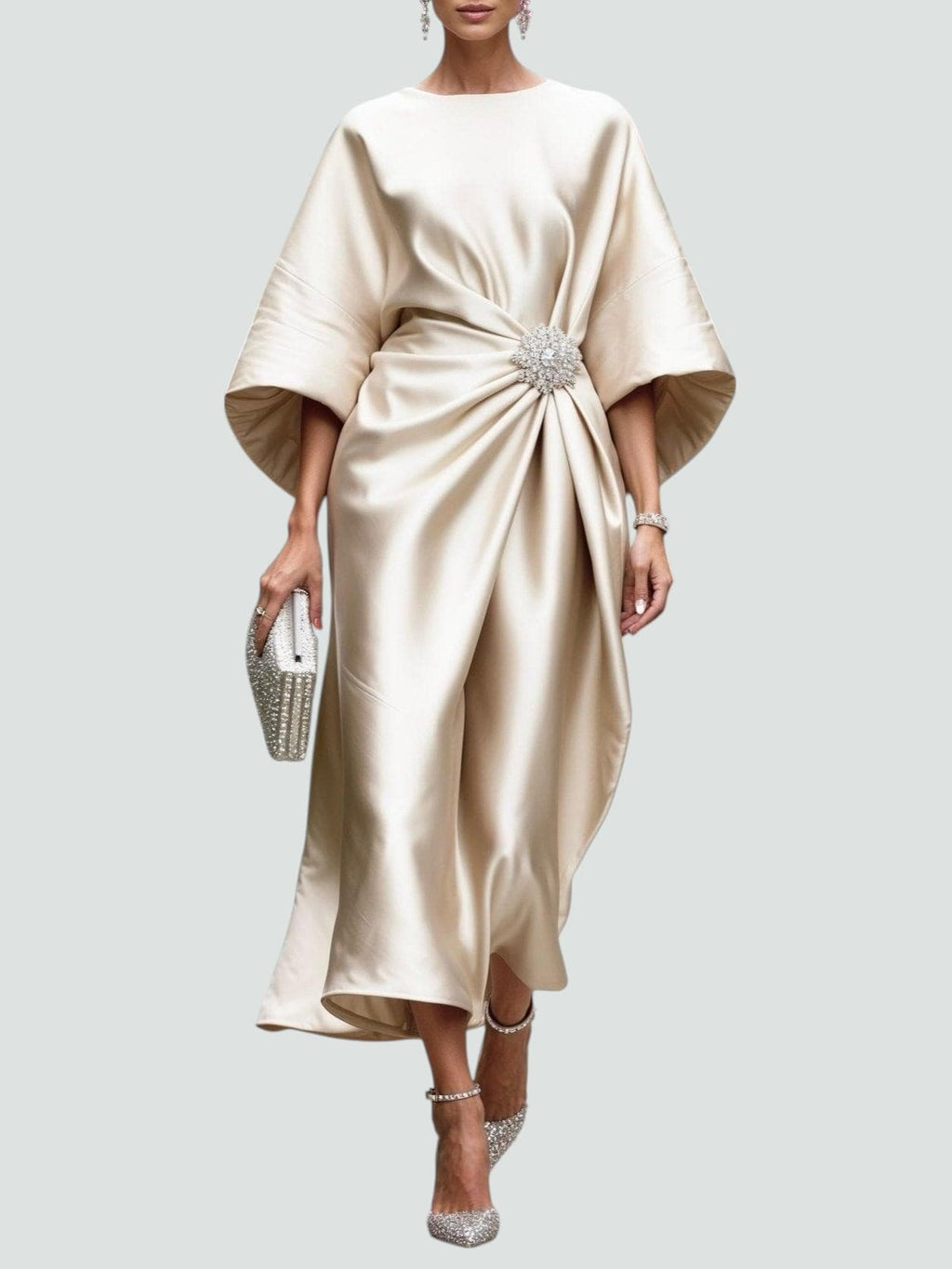 Women's Elegant Satin Midi Dress Wrap Style Long Sleeve Formal Party Wedding Guest – Coralyeth