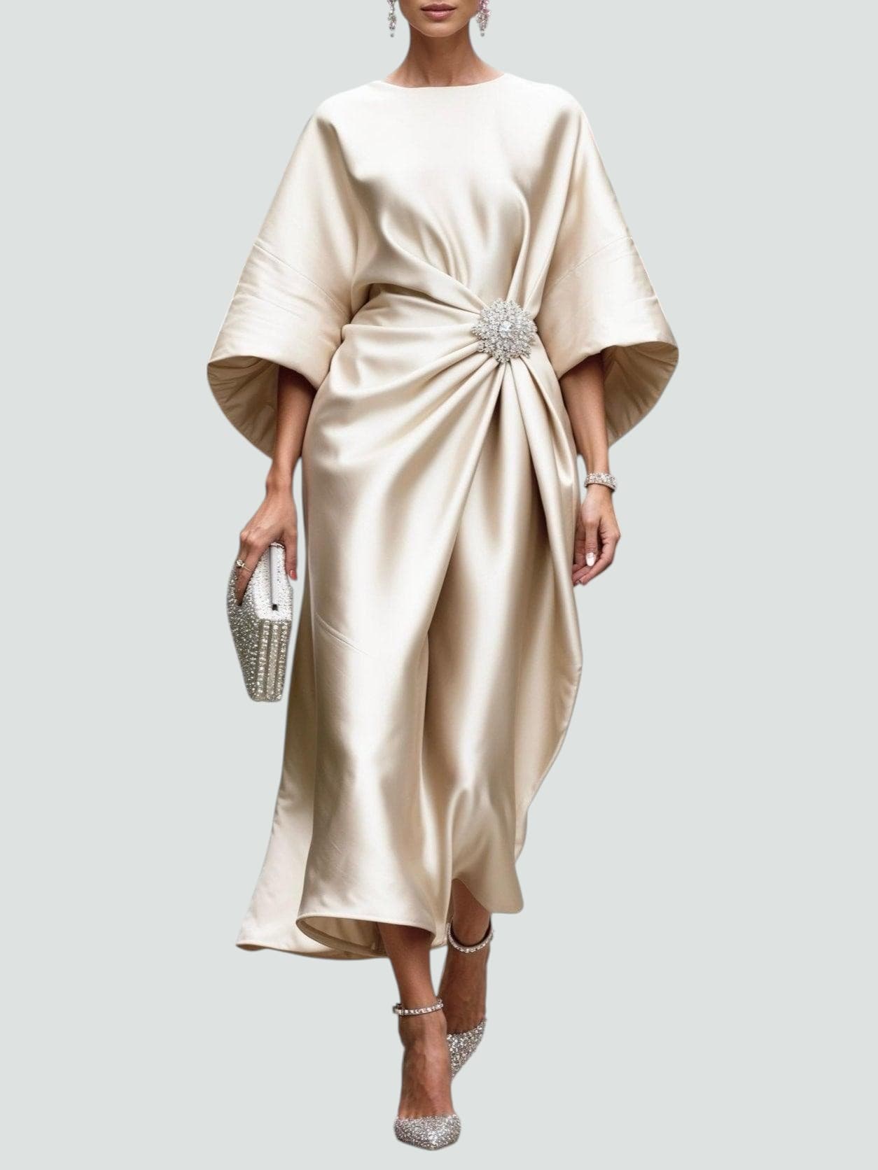 Women's Elegant Satin Midi Dress Wrap Style Long Sleeve Formal Party Wedding Guest – Coralyeth
