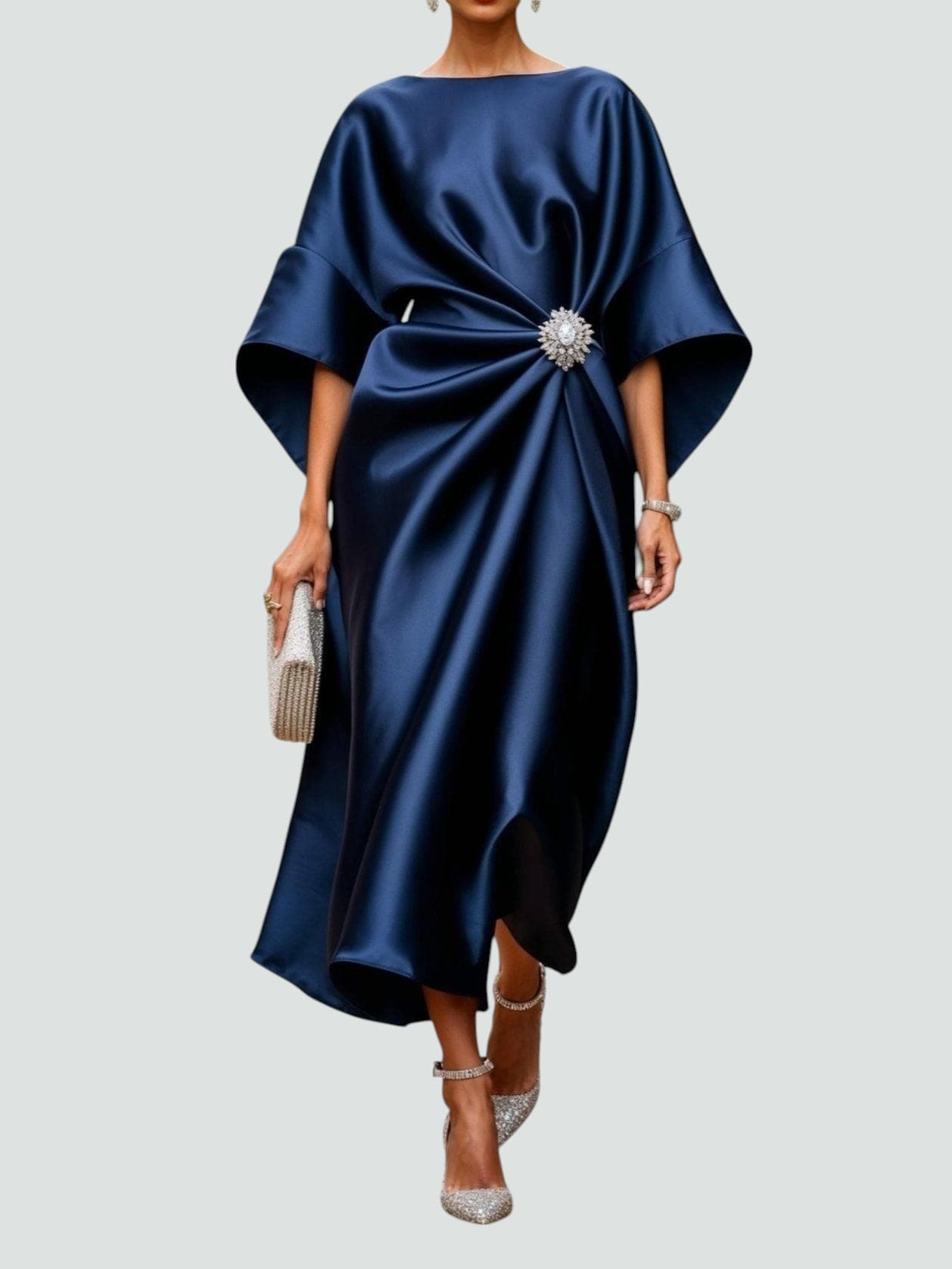 Women's Elegant Satin Midi Dress Wrap Style Long Sleeve Formal Party Wedding Guest – Coralyeth