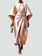 Women's Elegant Satin Midi Dress Wrap Style Long Sleeve Formal Party Wedding Guest – Coralyeth