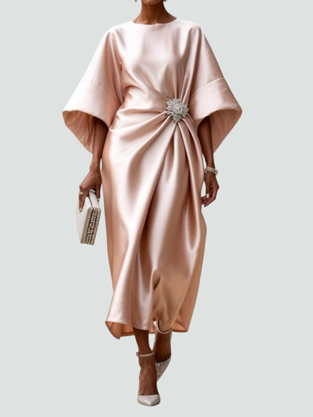 Women's Elegant Satin Midi Dress Wrap Style Long Sleeve Formal Party Wedding Guest – Coralyeth
