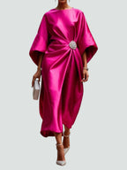Women's Elegant Satin Midi Dress Wrap Style Long Sleeve Formal Party Wedding Guest – Coralyeth