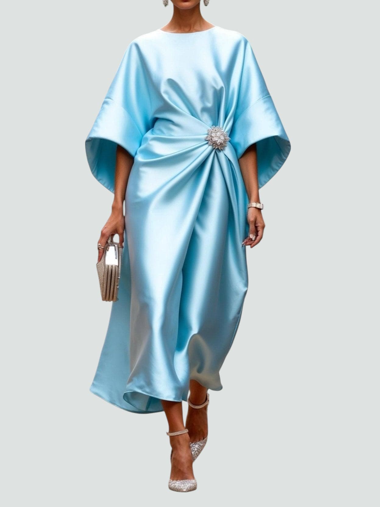 Women's Elegant Satin Midi Dress Wrap Style Long Sleeve Formal Party Wedding Guest – Coralyeth