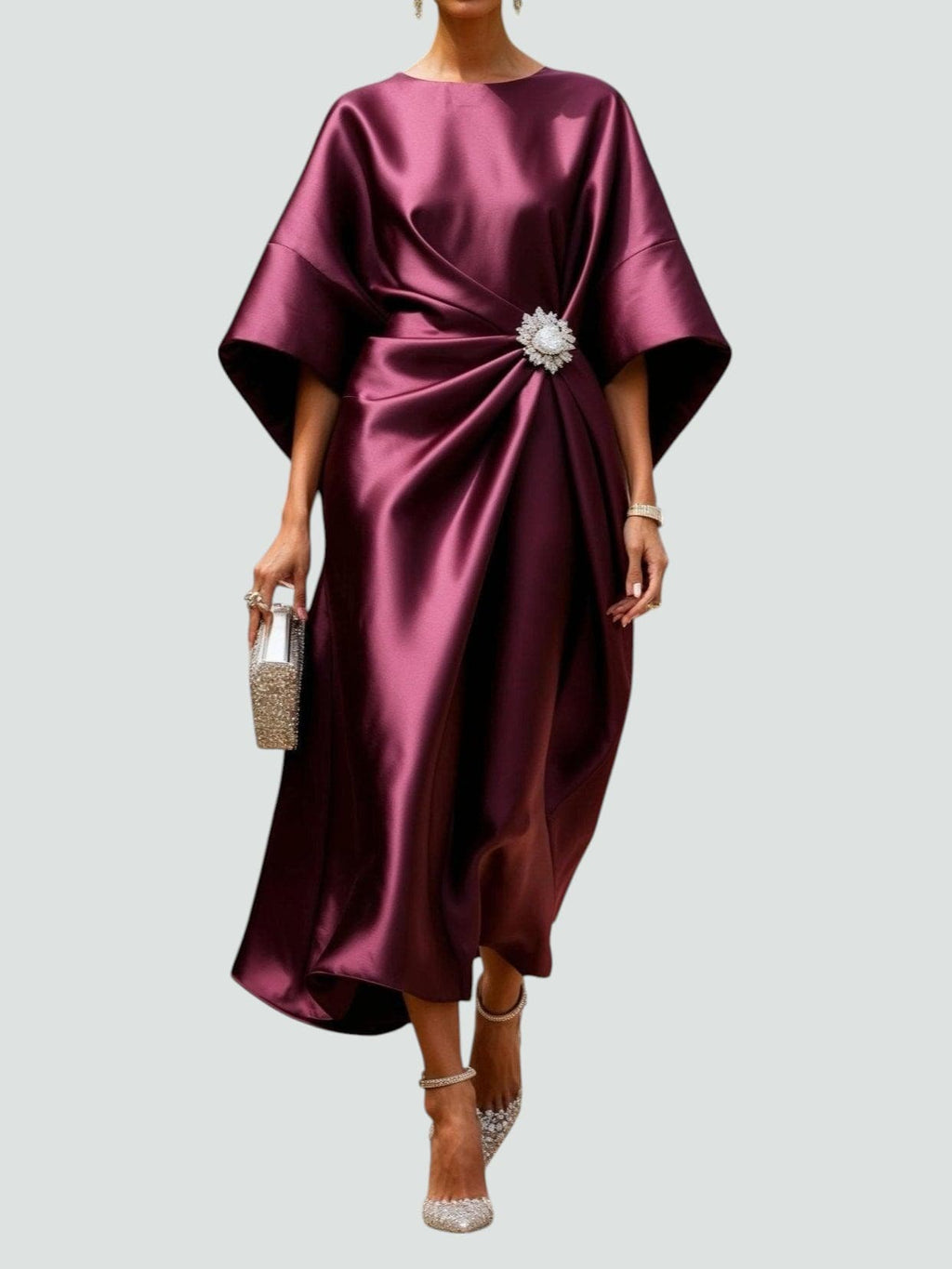 Women's Elegant Satin Midi Dress Wrap Style Long Sleeve Formal Party Wedding Guest – Coralyeth