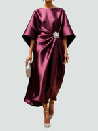 Women's Elegant Satin Midi Dress Wrap Style Long Sleeve Formal Party Wedding Guest – Coralyeth