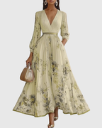 Women's Elegant Pleated Floral Long Dress V-Neck Long Sleeve Ribbon Waist Formal Casual – Rowella