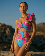 Women's Laser Cut Flower Hollow One-Piece Swimsuit with Cover Up Skirt V-Neck Elegant Beach Summer Swimwear – Navy Blue