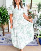 Women's Toile Midi Dress Smocked Waist Tiered Skirt Floral Spring Garden Casual Summer Elegant – Camille