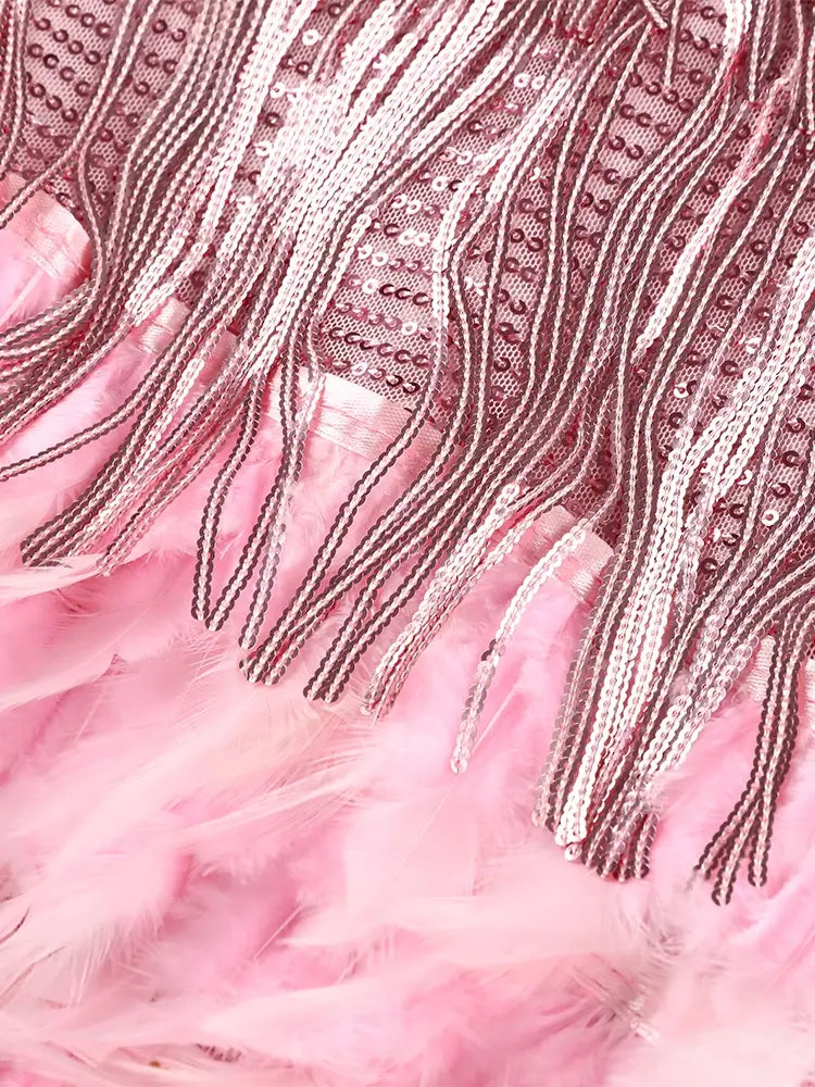 Pink Feather Sequin Mini Elegant Dress Spaghetti Straps Glam Cocktail Night Out Party Dress