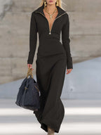 Women's Sporty V-Neck Zip Long Dress Long Sleeve Fitted Casual Formal Party Cowgirl Elegant