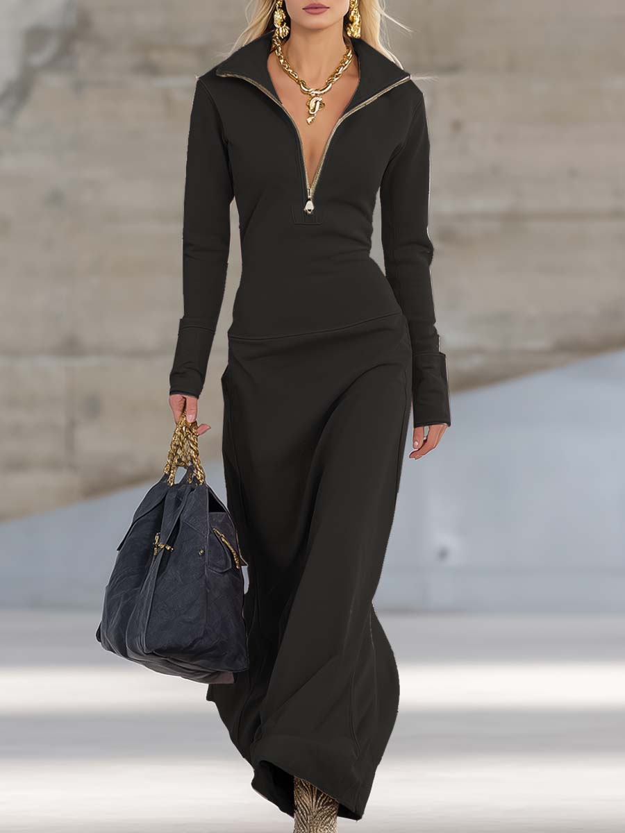 Women's Sporty V-Neck Zip Long Dress Long Sleeve Fitted Casual Formal Party Cowgirl Elegant