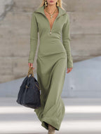 Women's Sporty V-Neck Zip Long Dress Long Sleeve Fitted Casual Formal Party Cowgirl Elegant