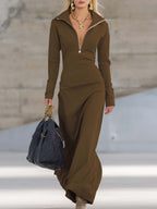 Women's Sporty V-Neck Zip Long Dress Long Sleeve Fitted Casual Formal Party Cowgirl Elegant