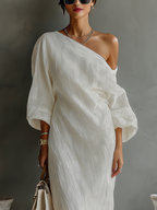 Women's Elegant One-Shoulder Long Dress Cotton Linen Flowing Formal Party Wedding Guest – Ivory White