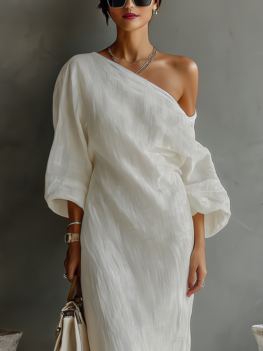 Women's Elegant One-Shoulder Long Dress Cotton Linen Flowing Formal Party Wedding Guest – Ivory White