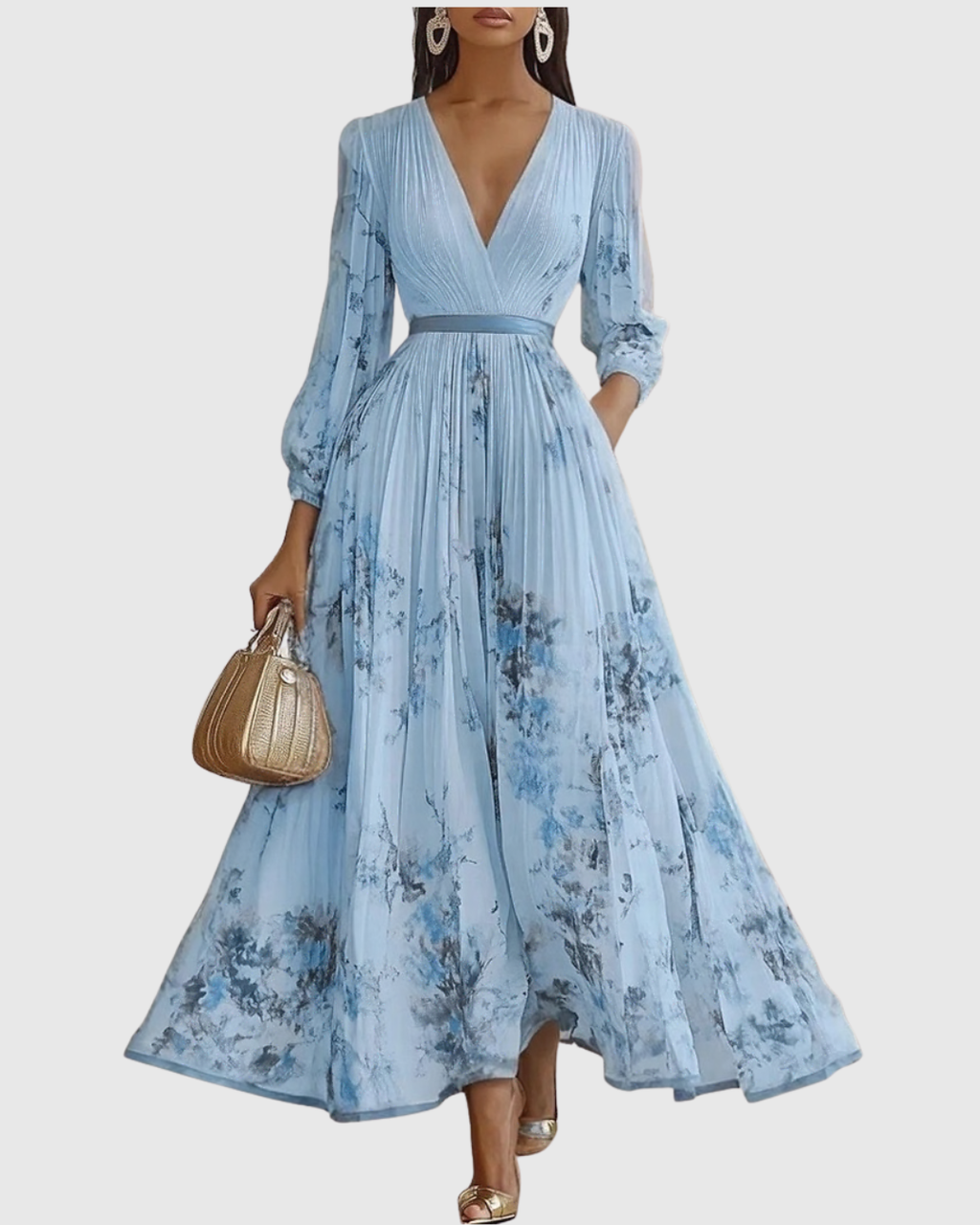 Women's Elegant Pleated Floral Long Dress V-Neck Long Sleeve Ribbon Waist Formal Casual – Rowella