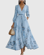 Women's Elegant Pleated Floral Long Dress V-Neck Long Sleeve Ribbon Waist Formal Casual – Rowella