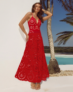Women's Floral Hollow-Out One-Piece Swimsuit & Long Skirt Set V-Neck Beach Vacation Pool Party Summer Resort – Red