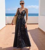 Women's Laser Cut Floral Hollow-Out One-Piece Swimsuit & Long Skirt Set V-Neck Beach Vacation Pool Party Resort Cruise – Black