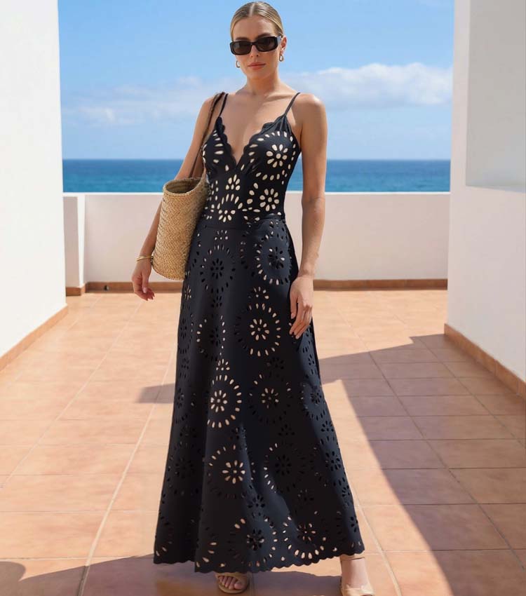 Women's Laser Cut Floral Hollow-Out One-Piece Swimsuit & Long Skirt Set V-Neck Beach Vacation Pool Party Resort Cruise – Black