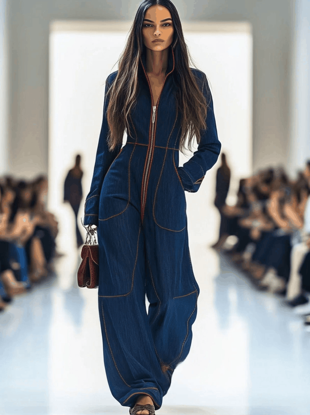 Women's Casual Loose Retro Denim Jumpsuit Lapel Red Topstitching Wide-Leg Sleeve Pocket – Blue