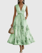 Women's Elegant Pleated Floral Long Dress V-Neck Long Sleeve Ribbon Waist Formal Casual – Rowella