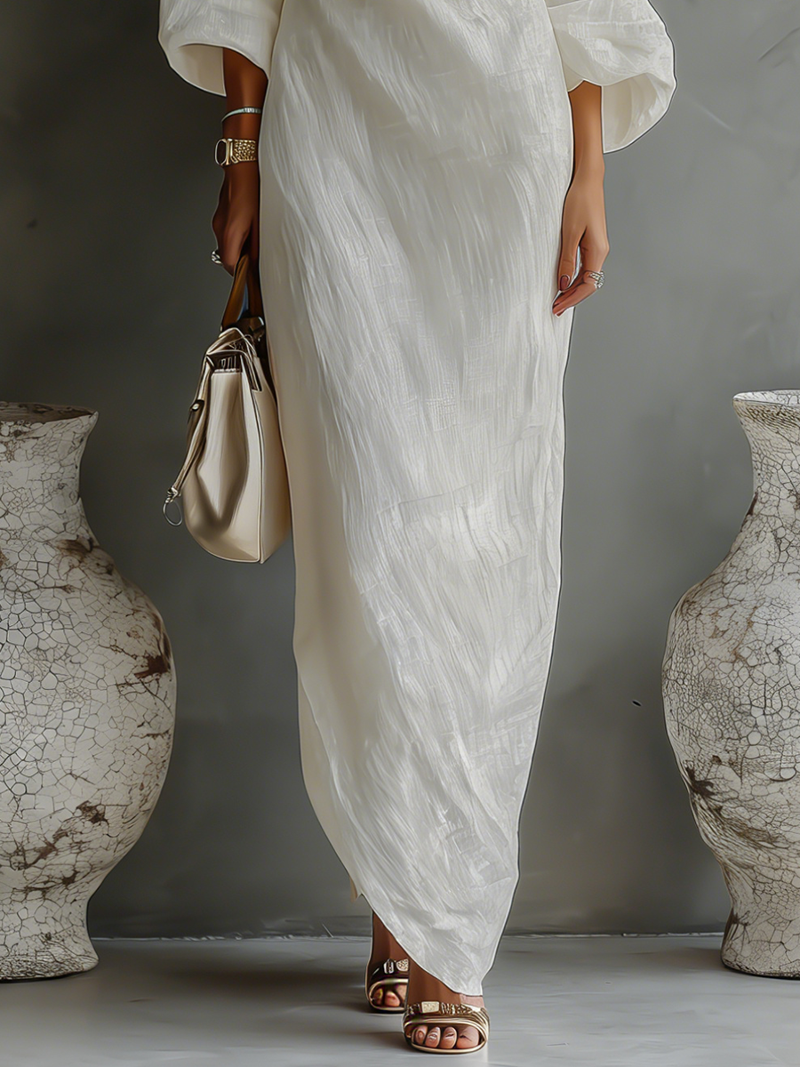 Women's Elegant One-Shoulder Long Dress Cotton Linen Flowing Formal Party Wedding Guest – Ivory White