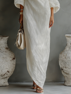 Women's Elegant One-Shoulder Long Dress Cotton Linen Flowing Formal Party Wedding Guest – Ivory White