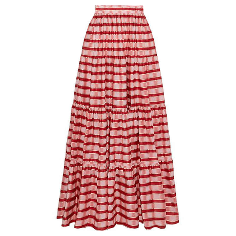 Women's Ruffle Cut-Out One-Piece Swimsuit & Long Skirt Set Red Striped Twist Front Beach Vacation Pool Party Summer Resort – Red & White