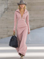 Women's Sporty V-Neck Zip Long Dress Long Sleeve Fitted Casual Formal Party Cowgirl Elegant
