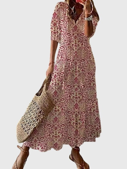 Women's Boho Vintage Summer Midi Dress Floral Print Short Sleeve Casual Feminine Chic – Amalia