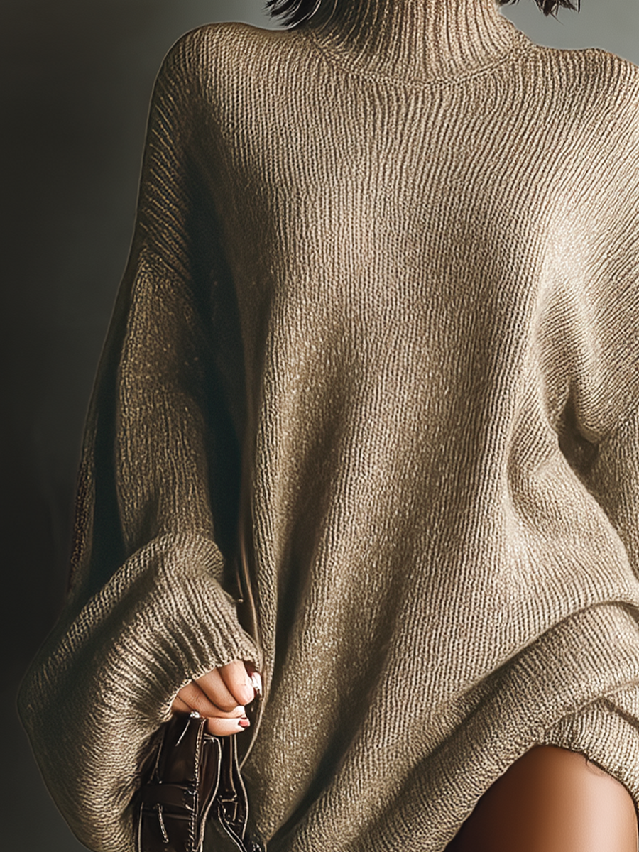 Women's Vintage Knit Mini Party Dress Long Sleeve Loose Fit Cozy Casual Retro – Caramel Brown
