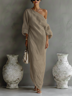 Women's Elegant One-Shoulder Long Dress Cotton Linen Flowing Formal Party Wedding Guest – Ivory White