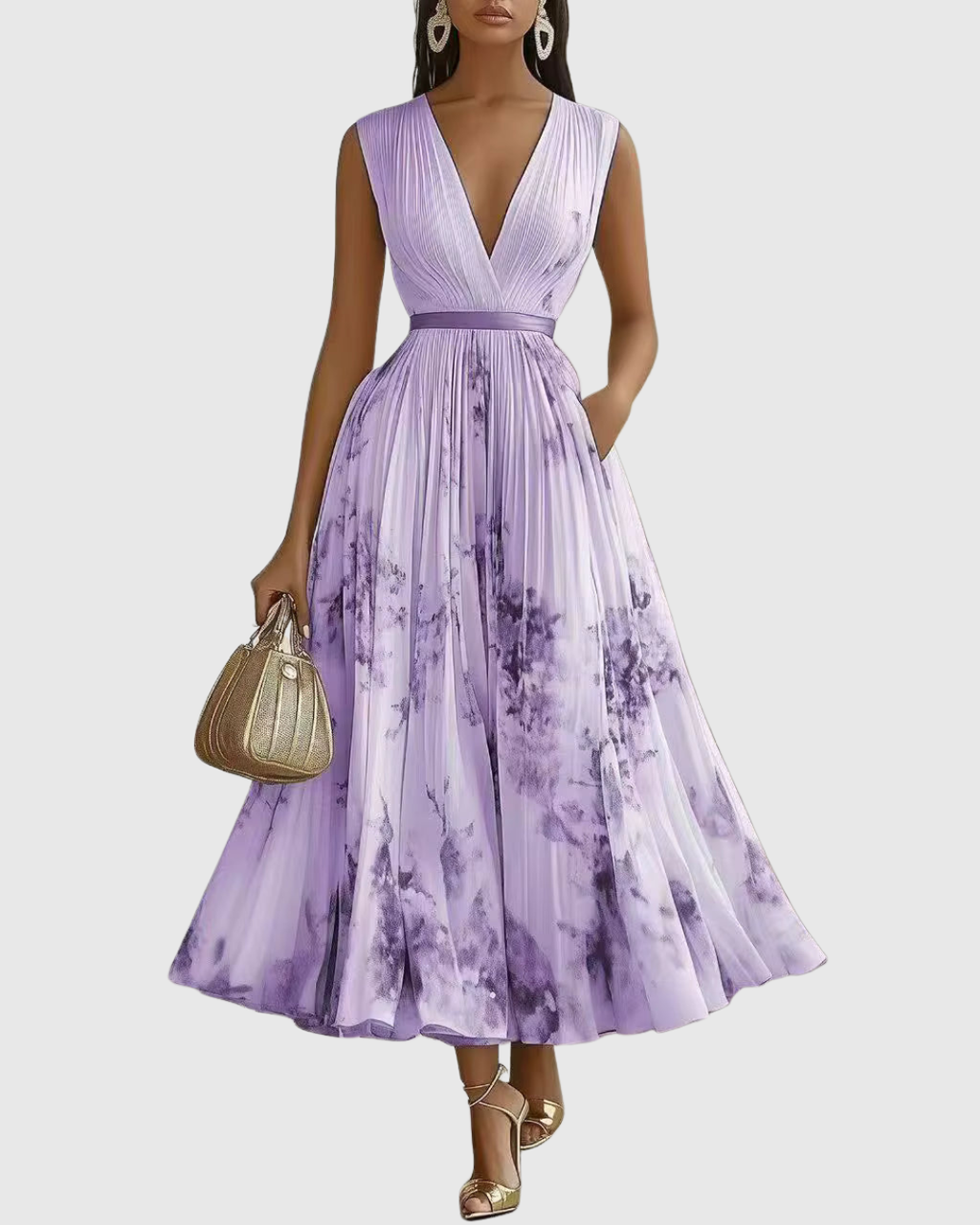 Women's Elegant Pleated Floral Long Dress V-Neck Long Sleeve Ribbon Waist Formal Casual – Rowella