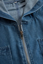Women's Casual Loose Retro Denim Jumpsuit Hooded Zipper Sleeve Pocket Vintage – Blue
