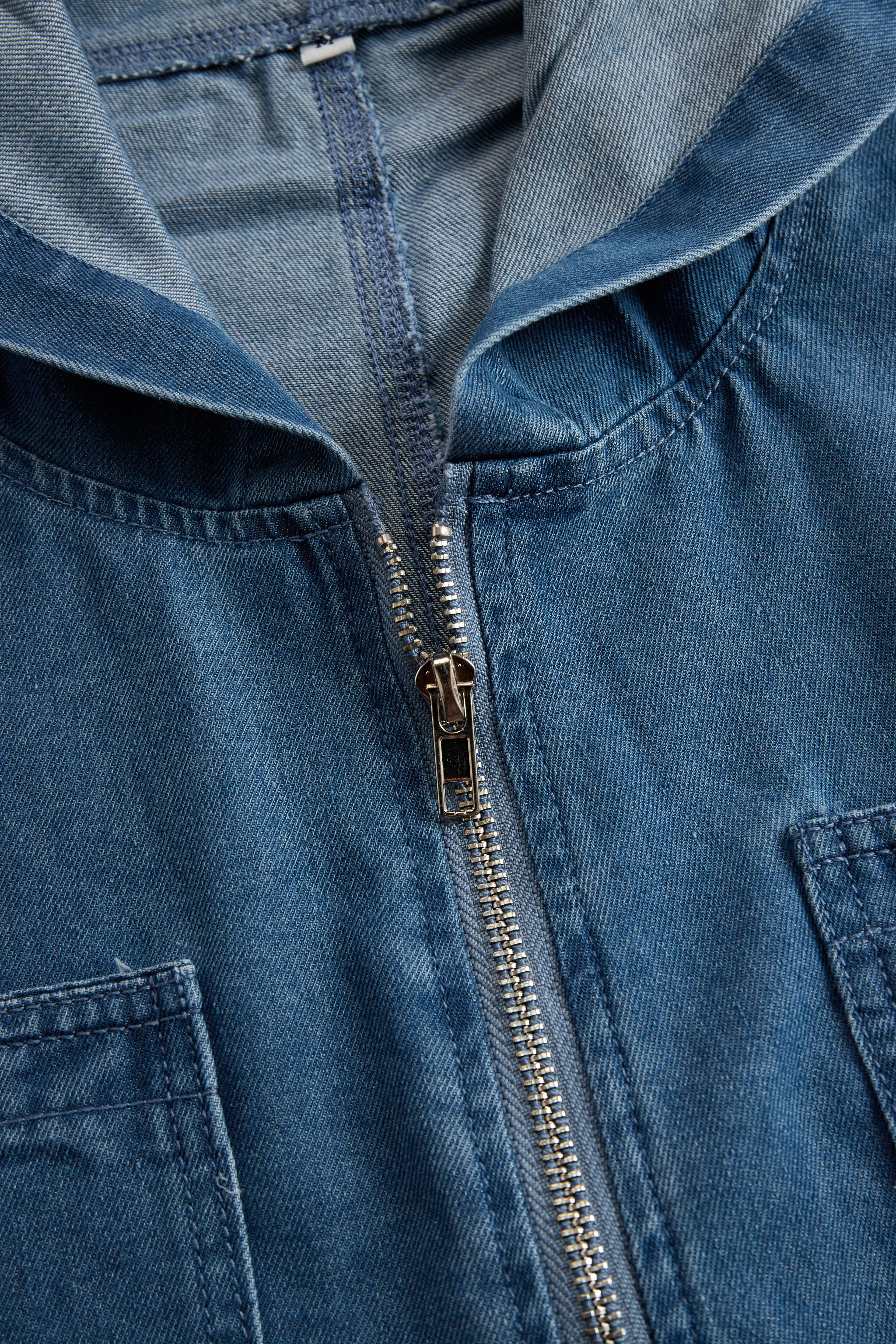 Women's Casual Loose Retro Denim Jumpsuit Hooded Zipper Sleeve Pocket Vintage – Blue