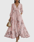 Women's Elegant Pleated Floral Long Dress V-Neck Long Sleeve Ribbon Waist Formal Casual – Rowella