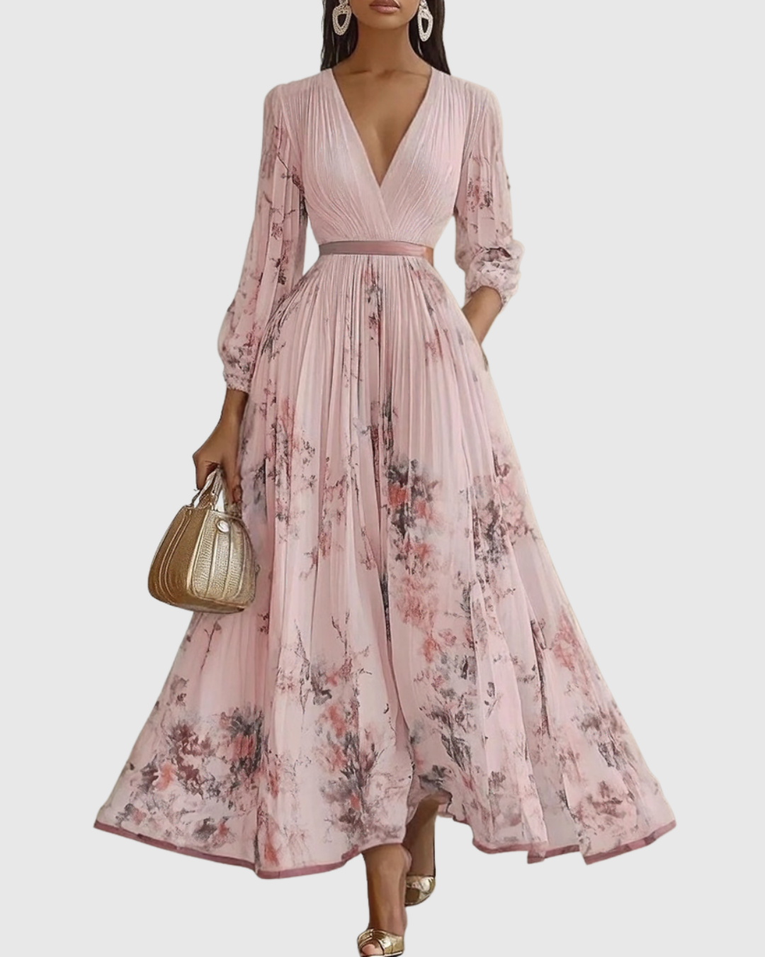 Women's Elegant Pleated Floral Long Dress V-Neck Long Sleeve Ribbon Waist Formal Casual – Rowella