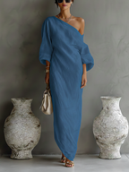 Women's Elegant One-Shoulder Long Dress Cotton Linen Flowing Formal Party Wedding Guest – Ivory White