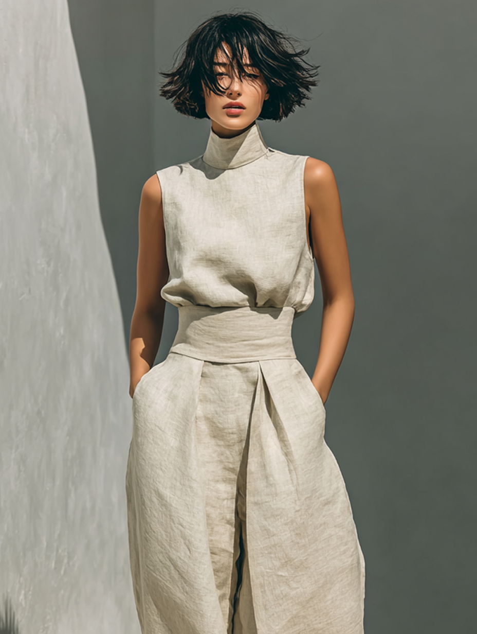 Women's Minimalist Cotton Linen Two-Piece Set Sleeveless Blouse Wide-Leg Pants Casual Chic – Beige