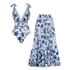 Women's V-Neck Lace-Up Floral Printed One-Piece Swimsuit & Long Skirt Set Tie Shoulder Beach Vacation Resort Pool Party Cruise Honeymoon – Blue & White
