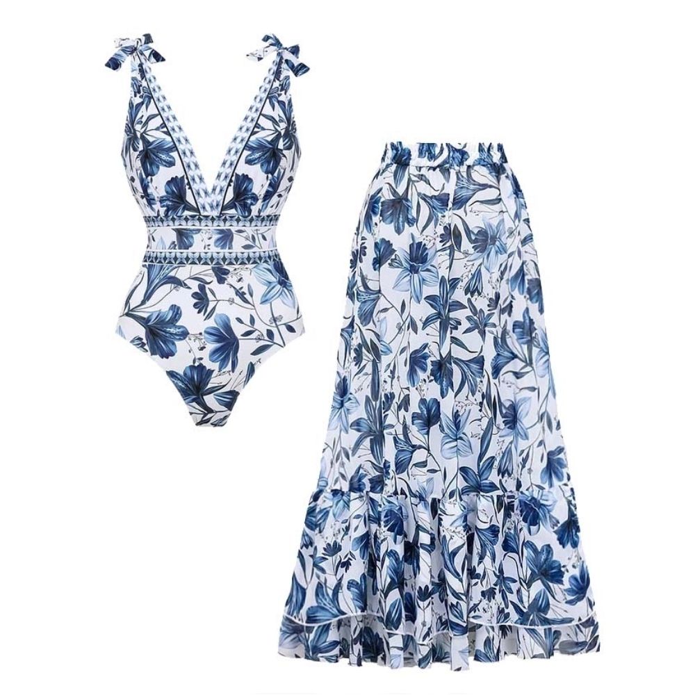 Women's V-Neck Lace-Up Floral Printed One-Piece Swimsuit & Long Skirt Set Tie Shoulder Beach Vacation Resort Pool Party Cruise Honeymoon – Blue & White