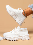 Women's Minimalist Thick Sole Sneakers Lace-Up Platform Round Toe Casual Sport – White