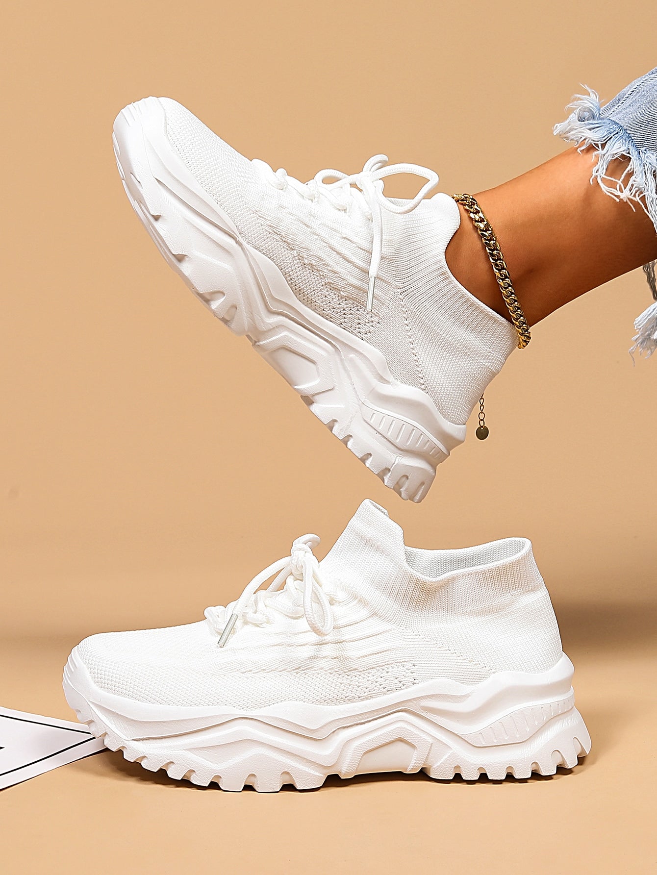 Women's Minimalist Thick Sole Sneakers Lace-Up Platform Round Toe Casual Sport – White
