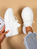 Women's Minimalist Thick Sole Sneakers Lace-Up Platform Round Toe Casual Sport – White