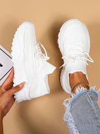 Women's Minimalist Thick Sole Sneakers Lace-Up Platform Round Toe Casual Sport – White