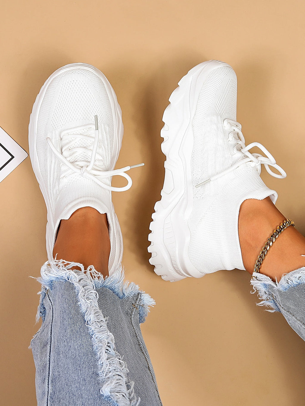 Women's Minimalist Thick Sole Sneakers Lace-Up Platform Round Toe Casual Sport – White