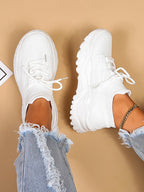Women's Minimalist Thick Sole Sneakers Lace-Up Platform Round Toe Casual Sport – White