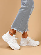 Women's Minimalist Thick Sole Sneakers Lace-Up Platform Round Toe Casual Sport – White